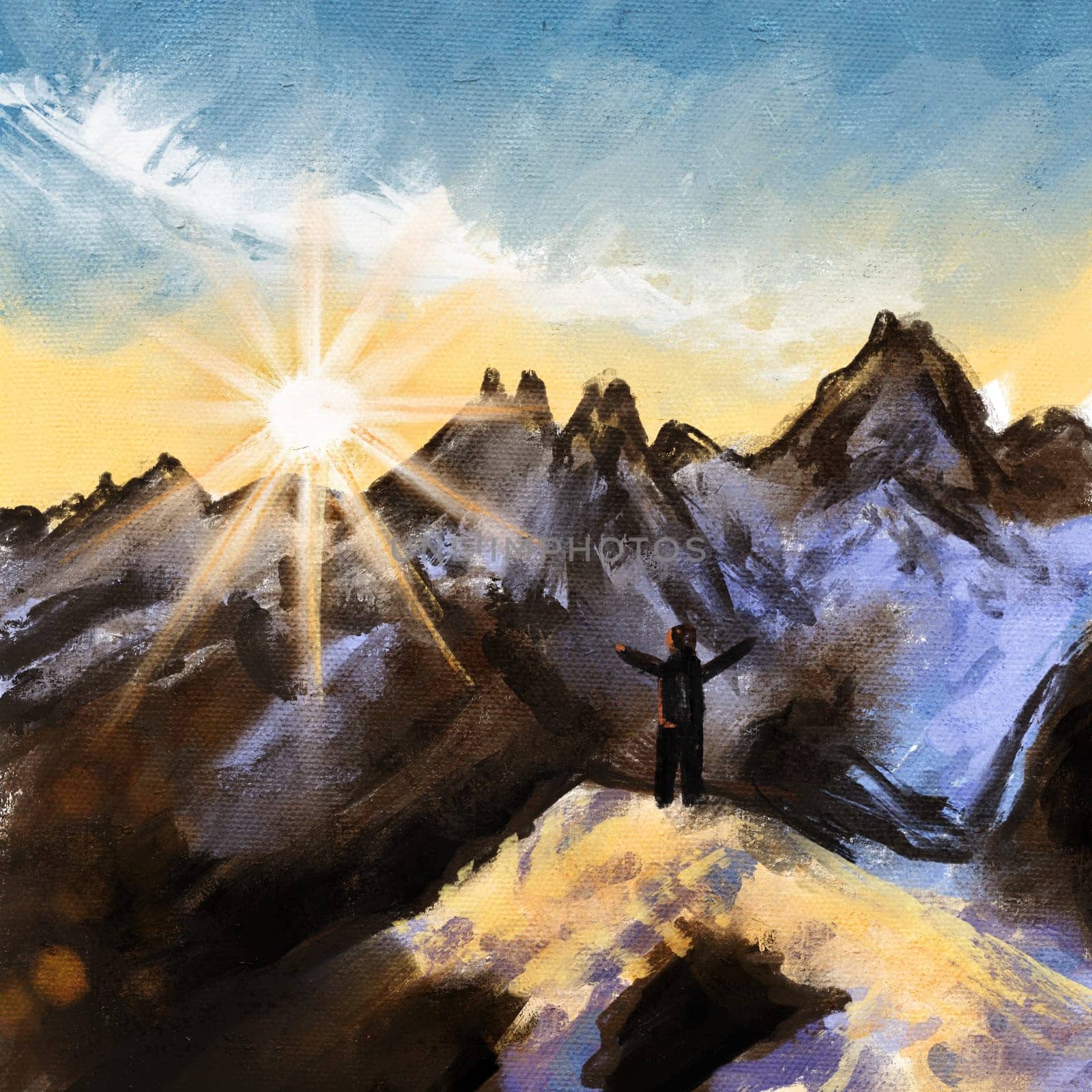 Hand drawn illustration of sunrise in winter snow ice mountains hills, dawn woodland. Morning scene landscape, oil painting texture, sunset outdoor adventure, nature design mist fog panorama light