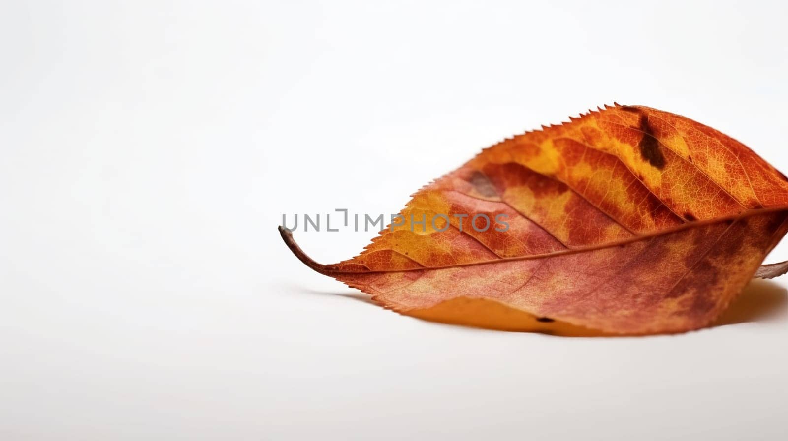 Autumn colored leaf on white background with empty space copy. banner 16:9.