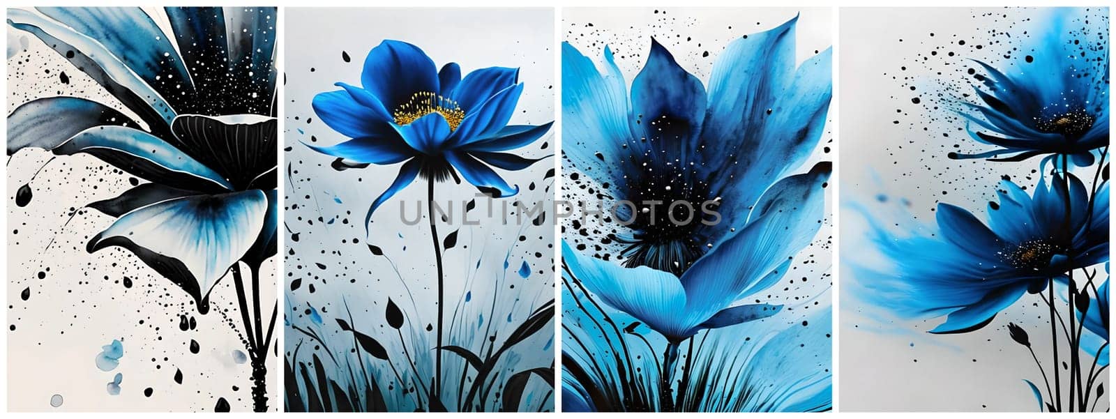 Art posters with flowers and rain, black ink painting with blue. AI generated. by LanaLeta
