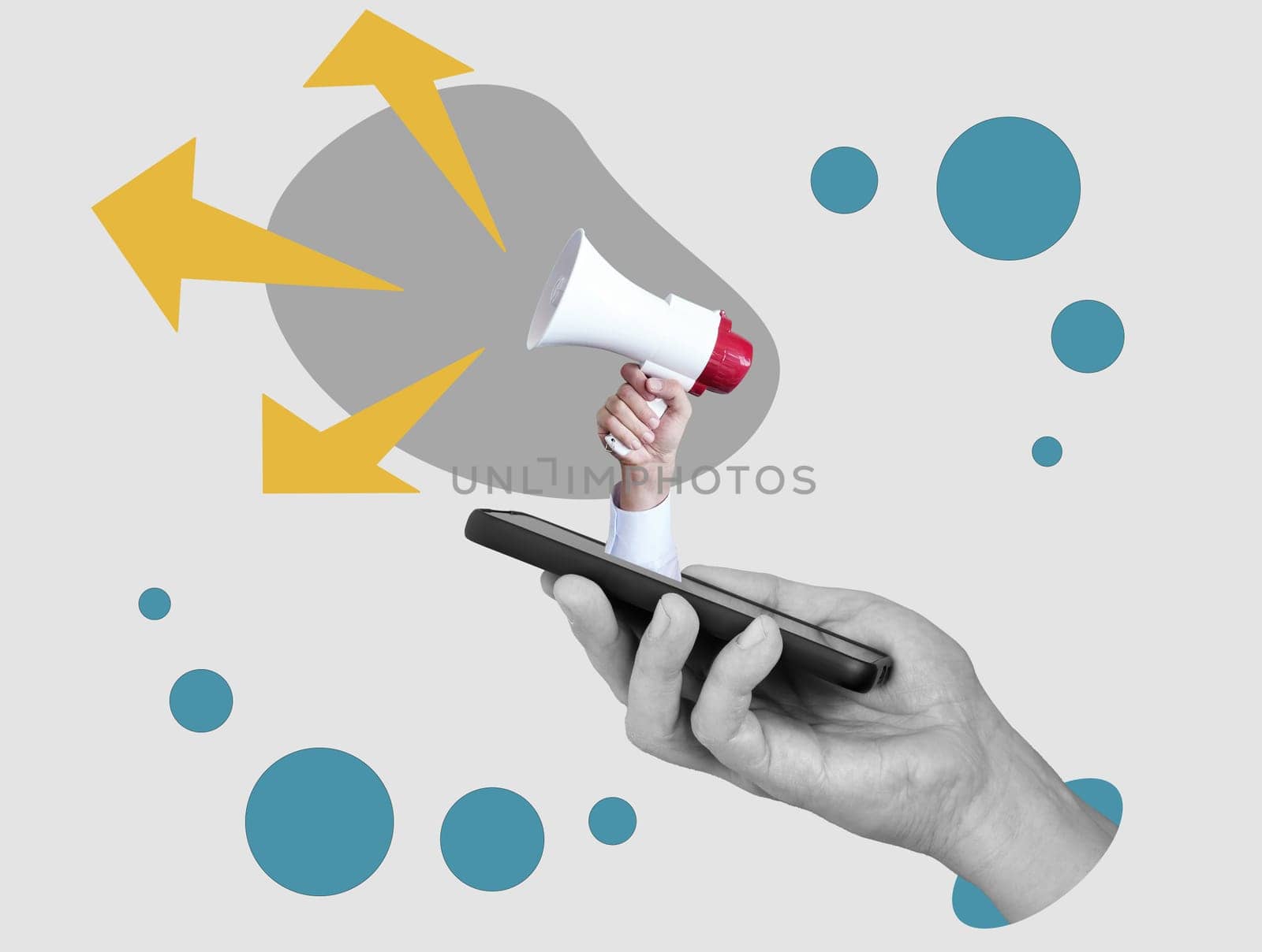 Collage Smartphone with hand holding a megaphone. Digital marketing concept.