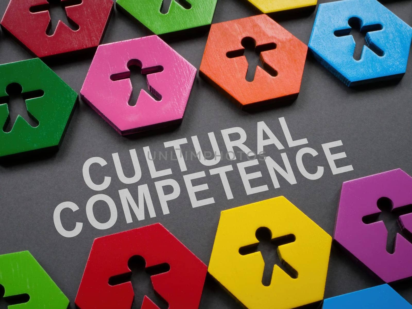 Cultural competence sign and small colorful figurines. by designer491