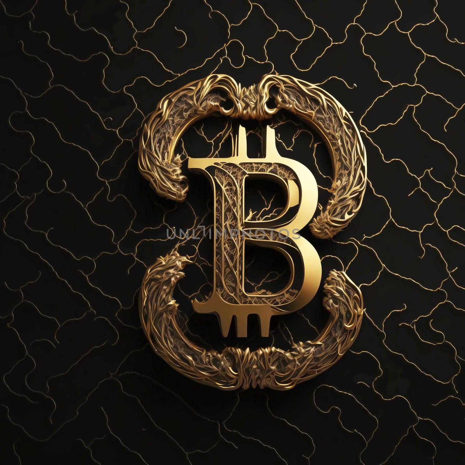 Luxurious bitcoin logo with golden patterns and black background.-