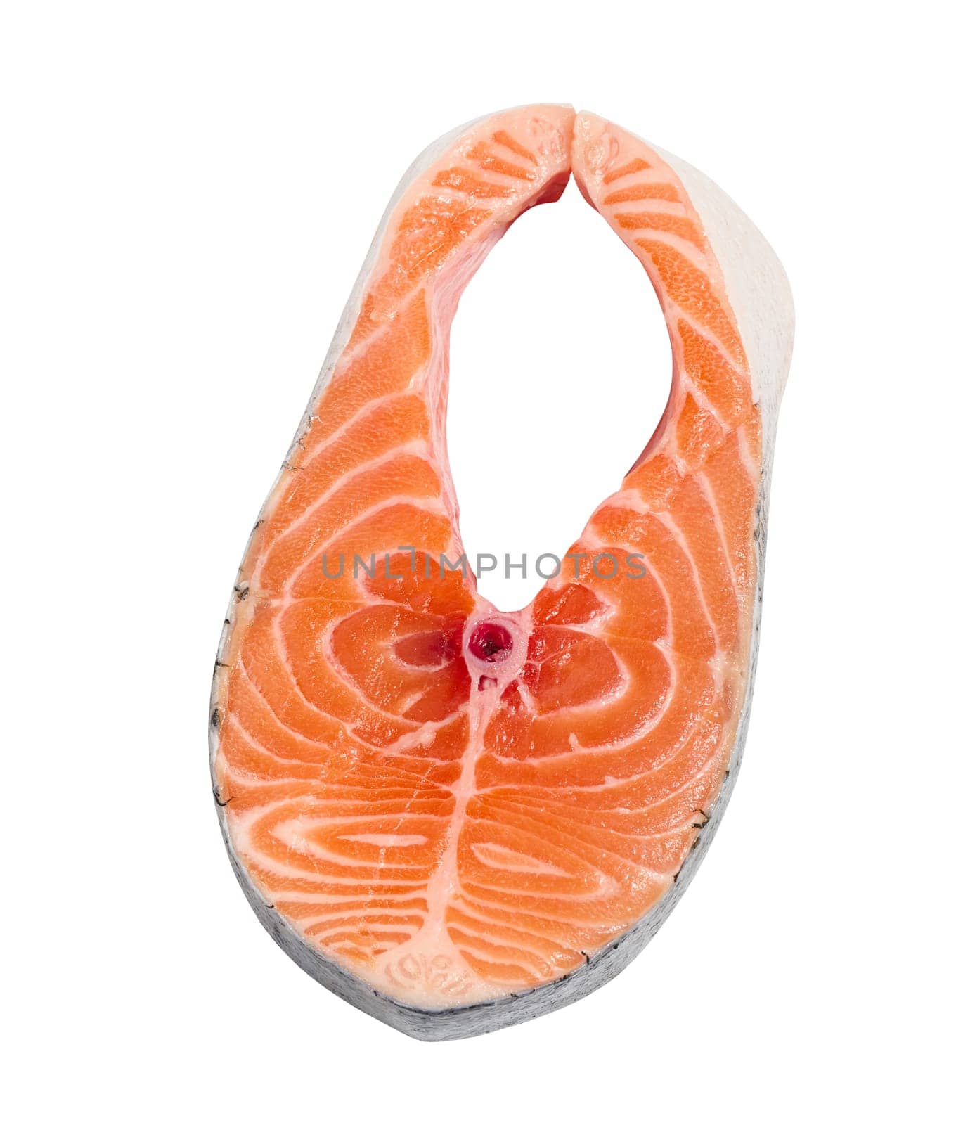 Raw salmon steak on a white isolated background by ndanko