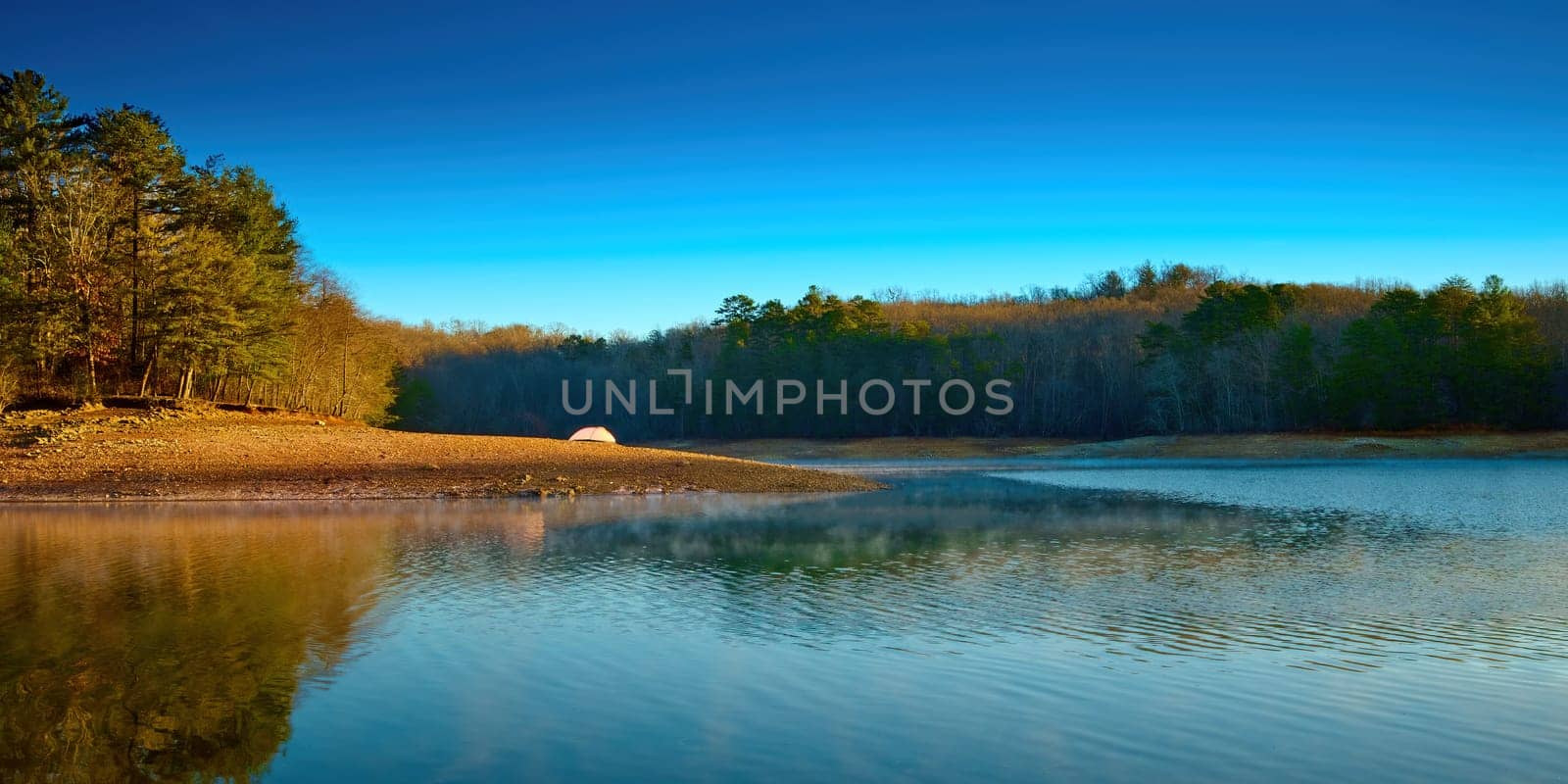 Tent on the shore of Lake Blue Ridge at Morganton Point Campground in the Chattahoochee-Oconee  National Forest, GA.