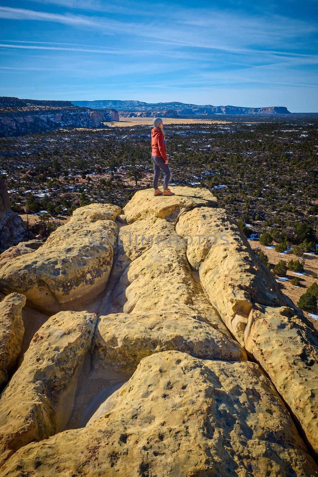 Woman stand at the edge of the sandstone cliffs surveying ancient lava flows at El Mapais National Monument, New Mexico. by patrickstock