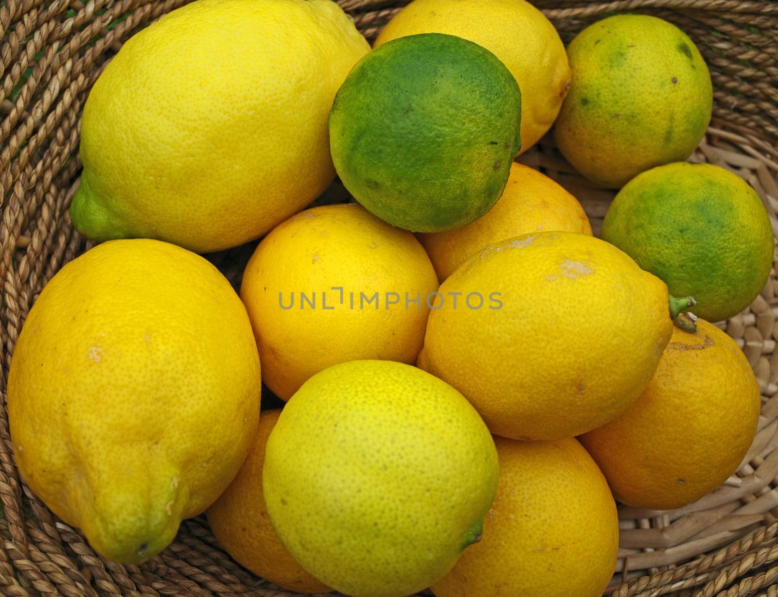 Lemons in limes in various sizes in a wicker basket