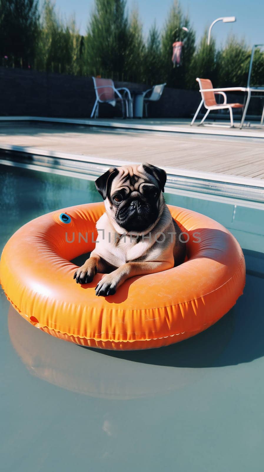 Cute pug dog floating in a swimming pool with an orange ring flotation device.