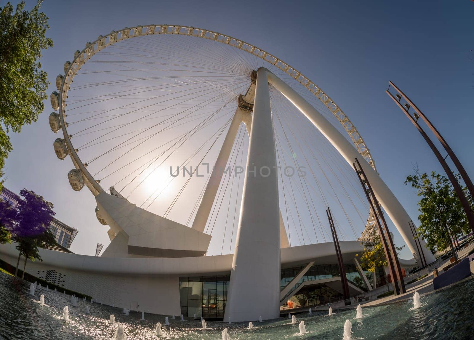 Looking up with fish eye lens at Ain Dubai or Dubai Eye Observation Wheel on BlueWaters Island in Jumeirah