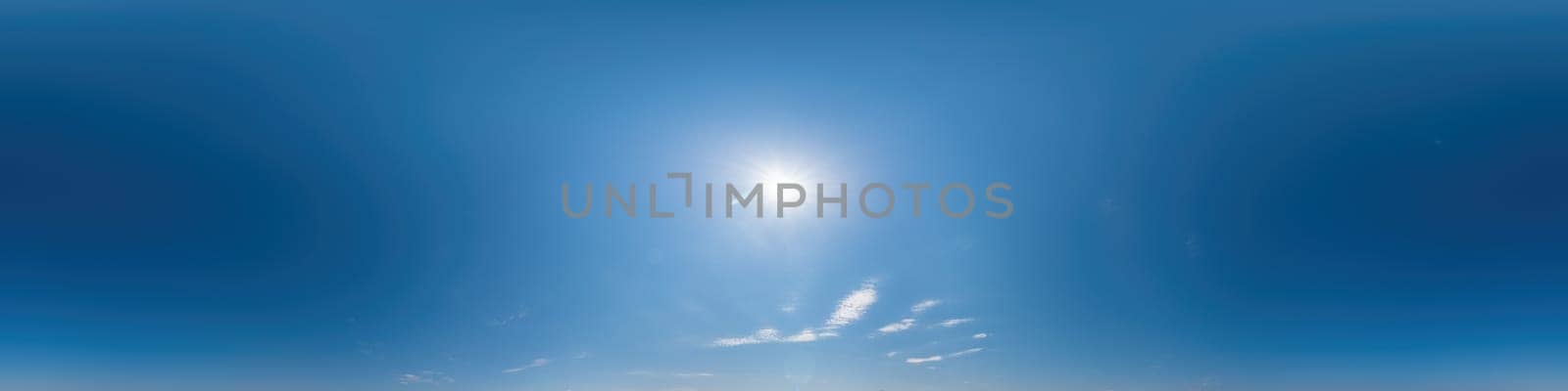 Sky panorama with Cirrus clouds in Seamless spherical equirectangular format. Full zenith for use in 3D graphics, game and editing aerial drone 360 degree panoramas for sky replacement