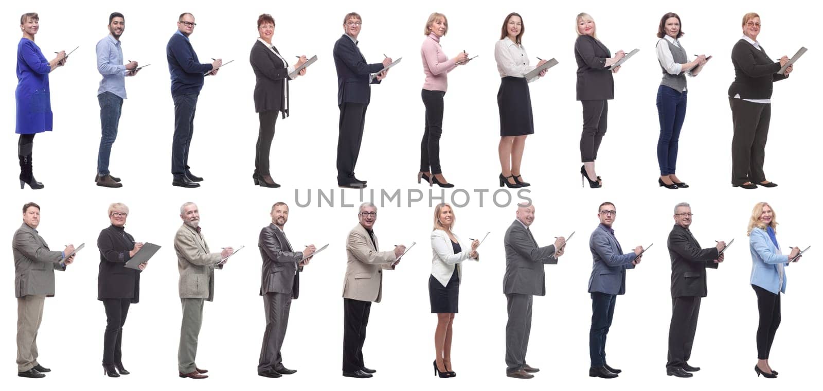 group of successful people with notepad in hands isolated on white background