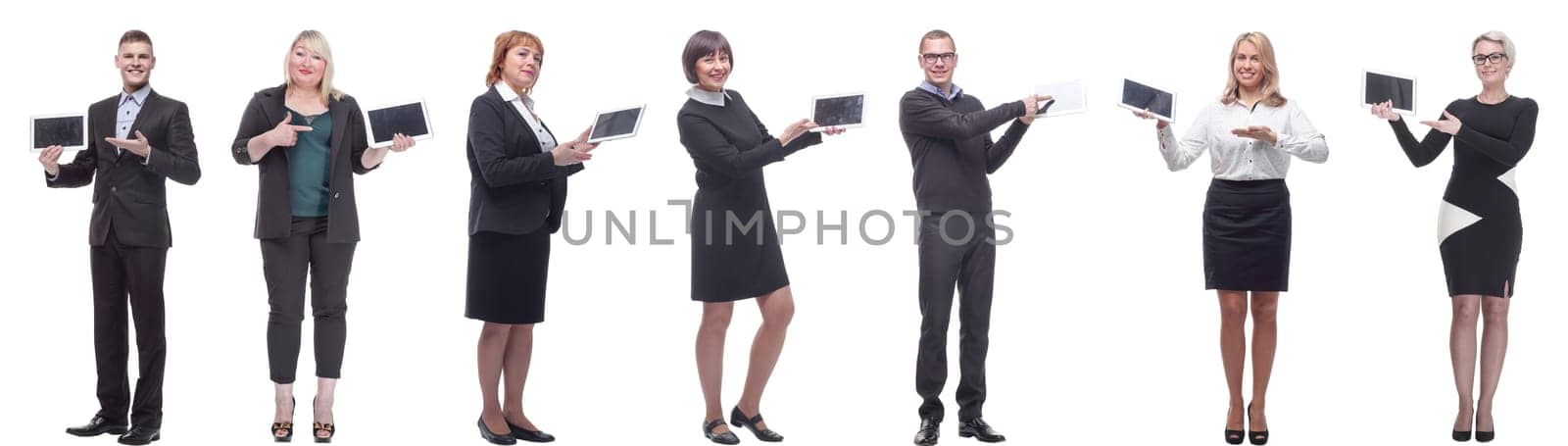 group of people demonstrating tablet isolated on white background