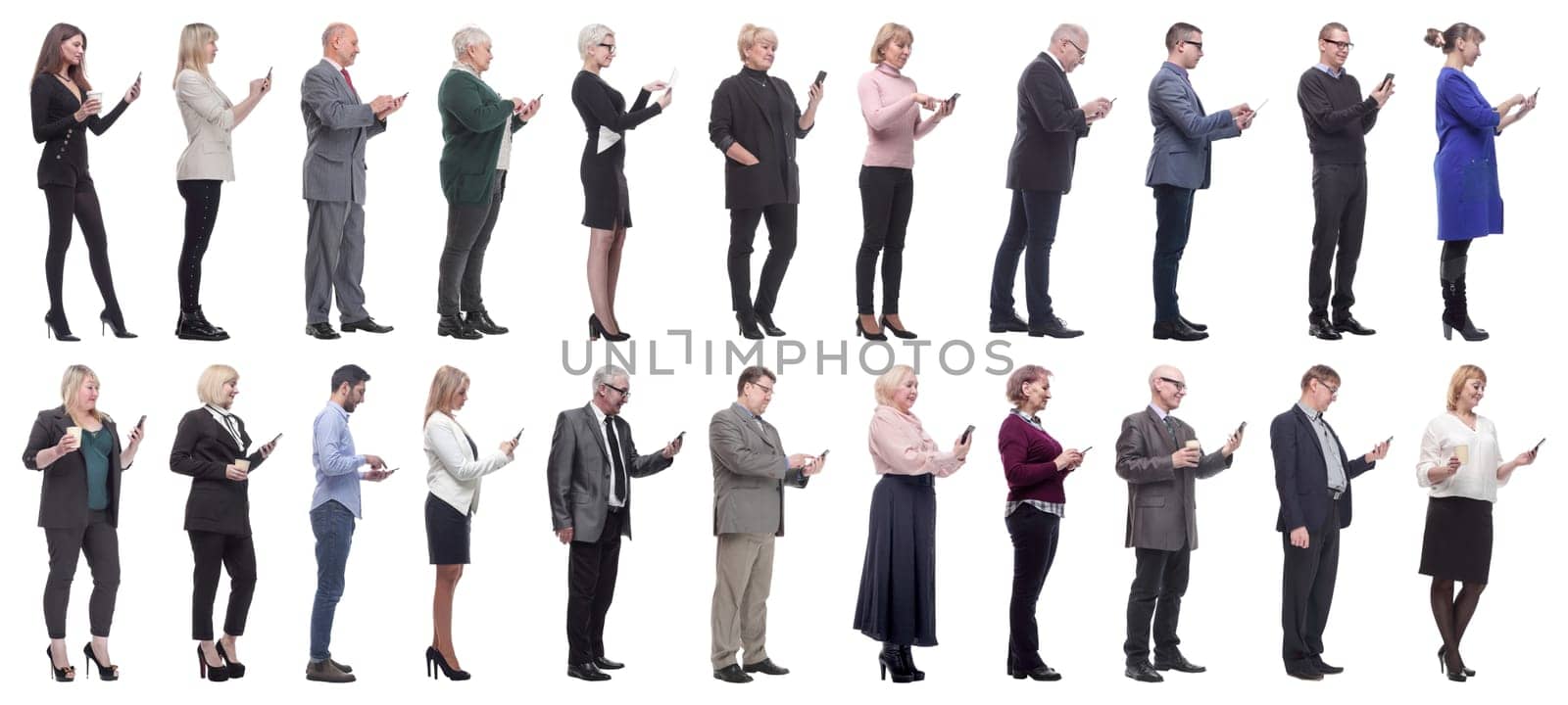 group of people profile holding phone in hand isolated on white background