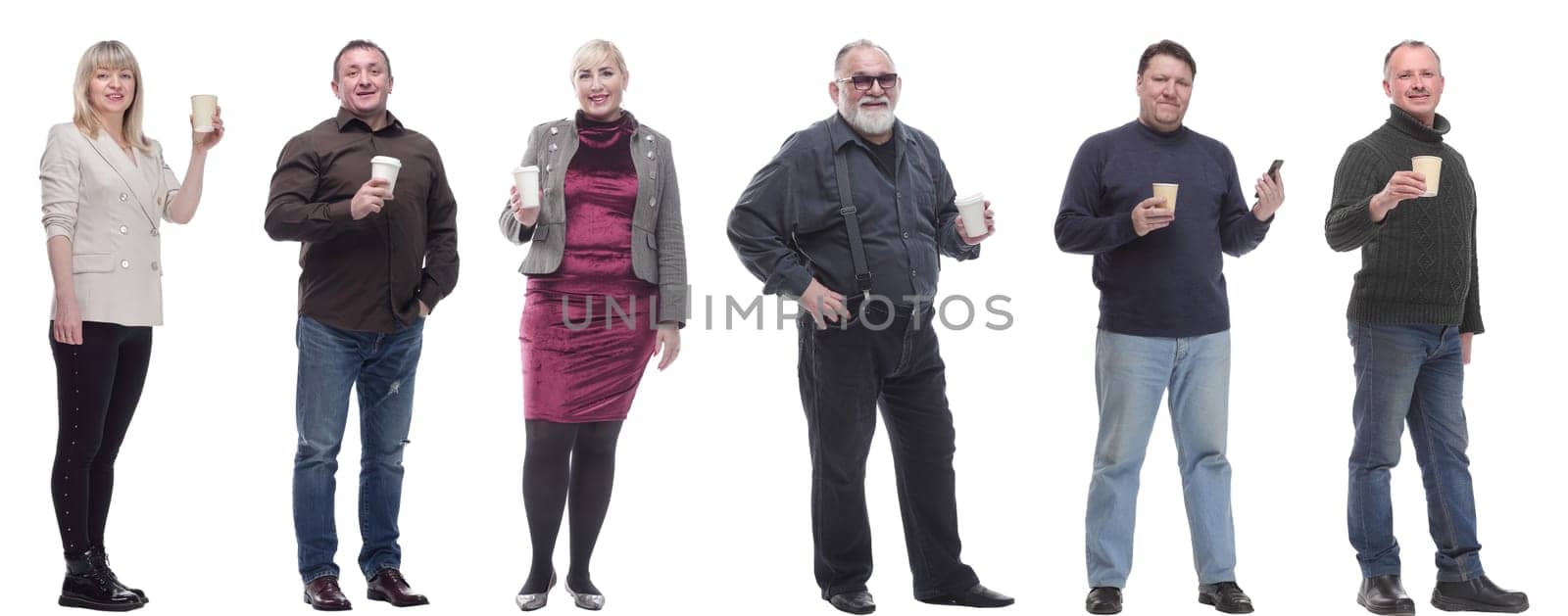 collage people holding coffee in hands isolated on white background