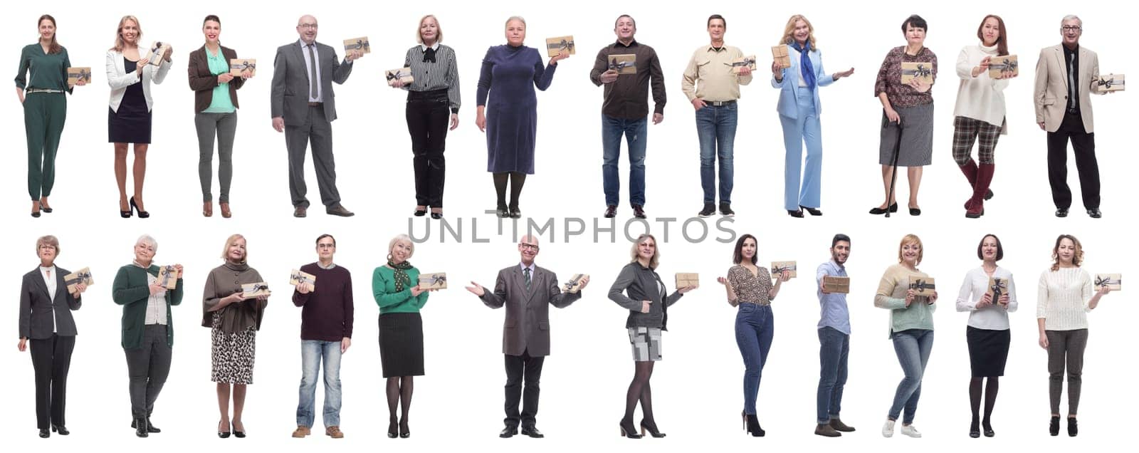 group of happy people with gifts in their hands isolated on white background