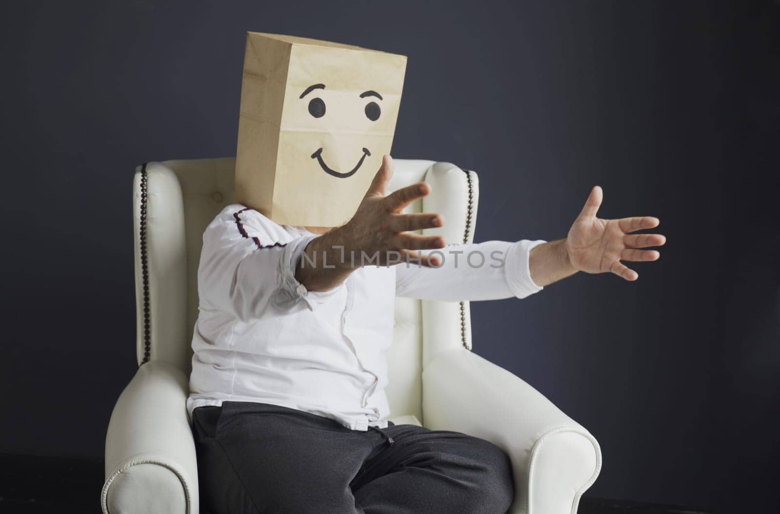 Cheerful man with a bag on his head, with a drawn smiley. by Sd28DimoN_1976