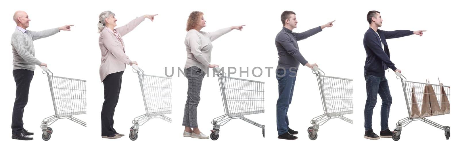 a group of people with a shopping cart point their fingers in front of them by asdf