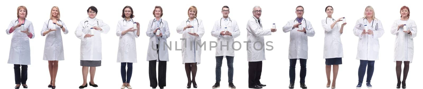 group of doctors holding jar isolated on white background