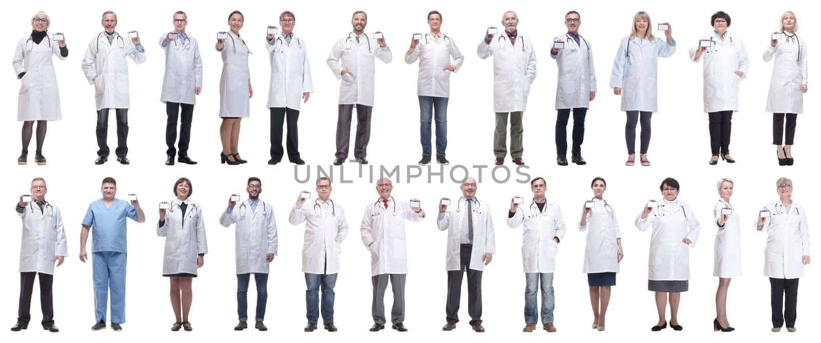 full length group of doctors showing badge isolated by asdf
