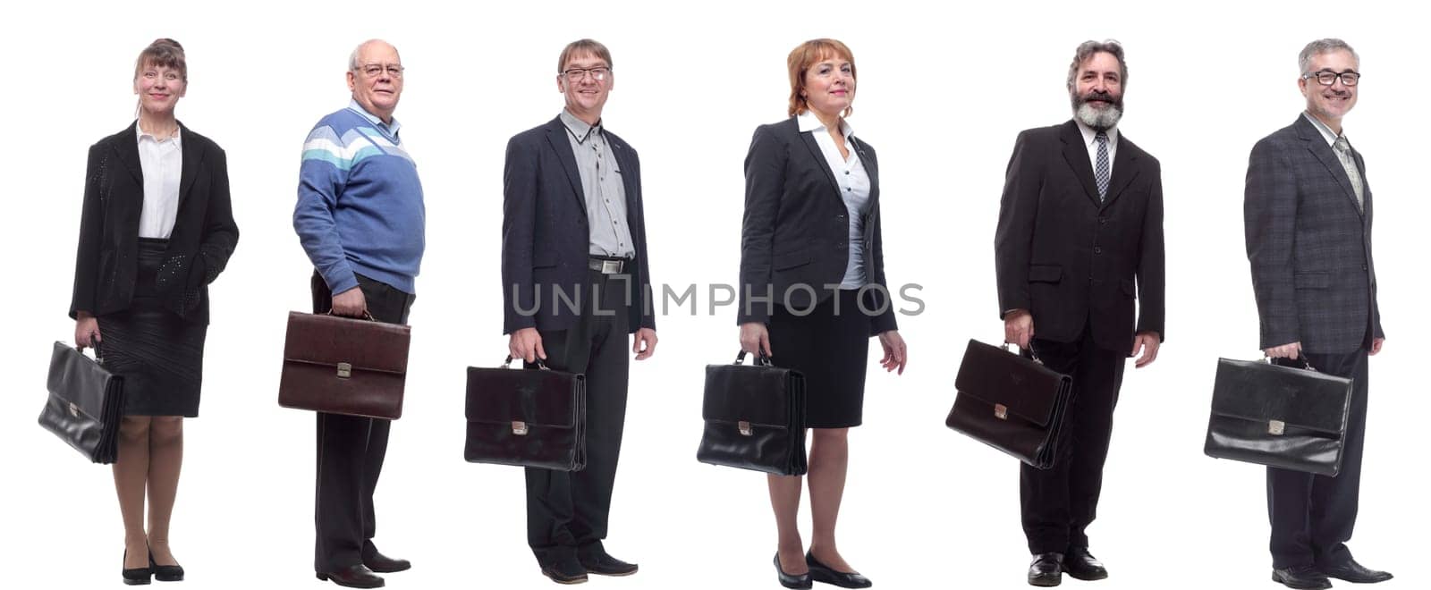 collage, group of businessmen with briefcase isolated on white background