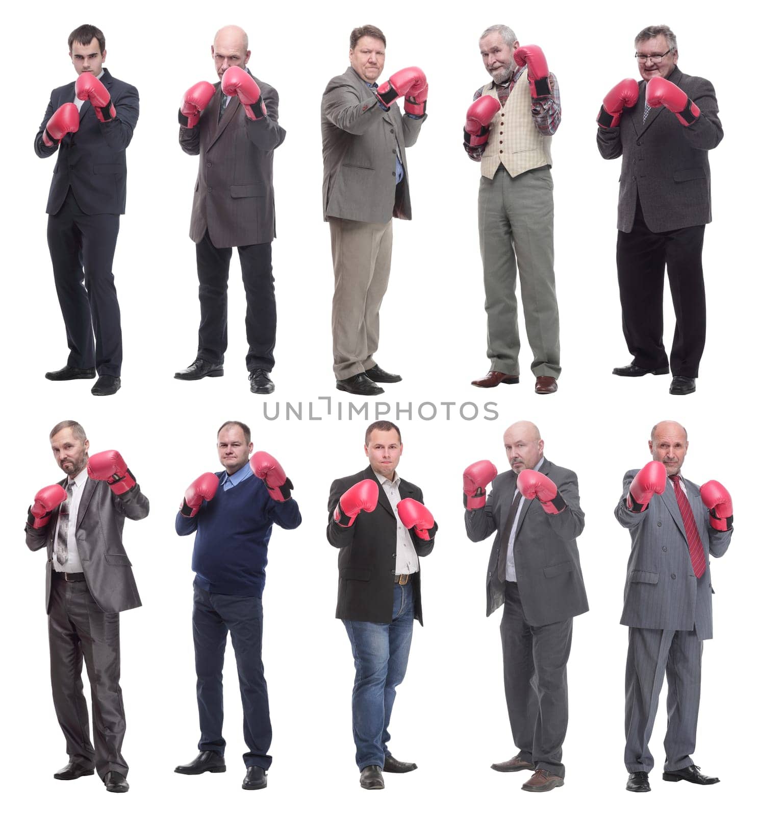 collage of businessmen in boxing gloves isolated on white background