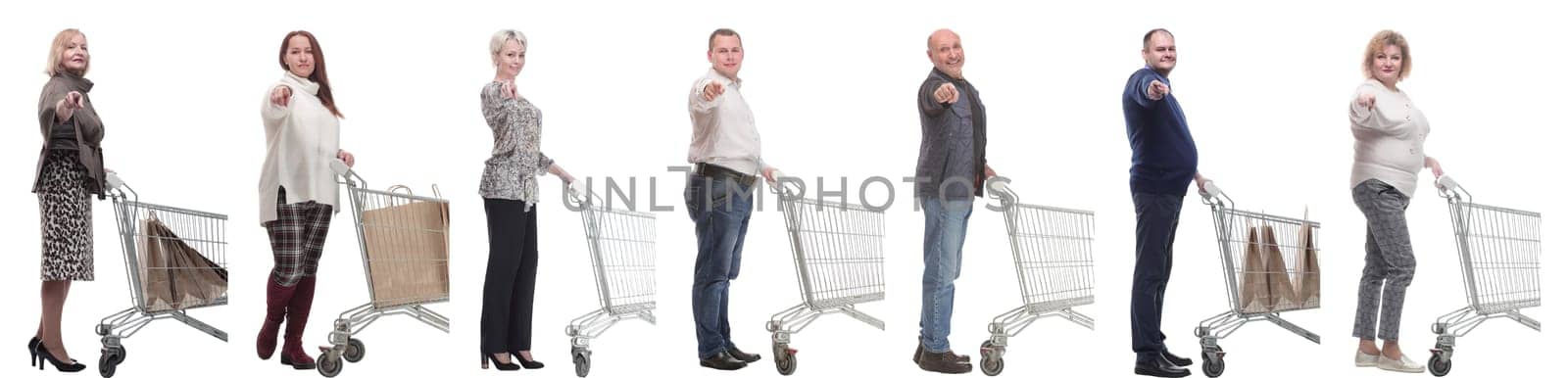 a group of people with a shopping cart point their finger at the camera by asdf
