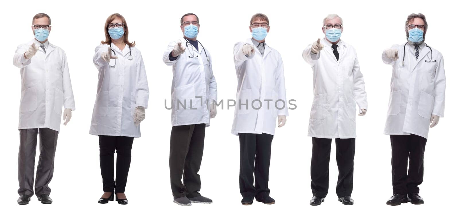 group of doctors in mask isolated on white background