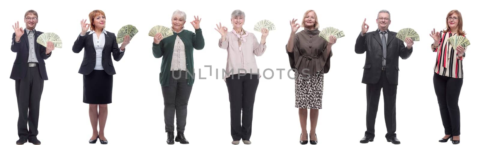 group of successful people holding money in hand isolated by asdf