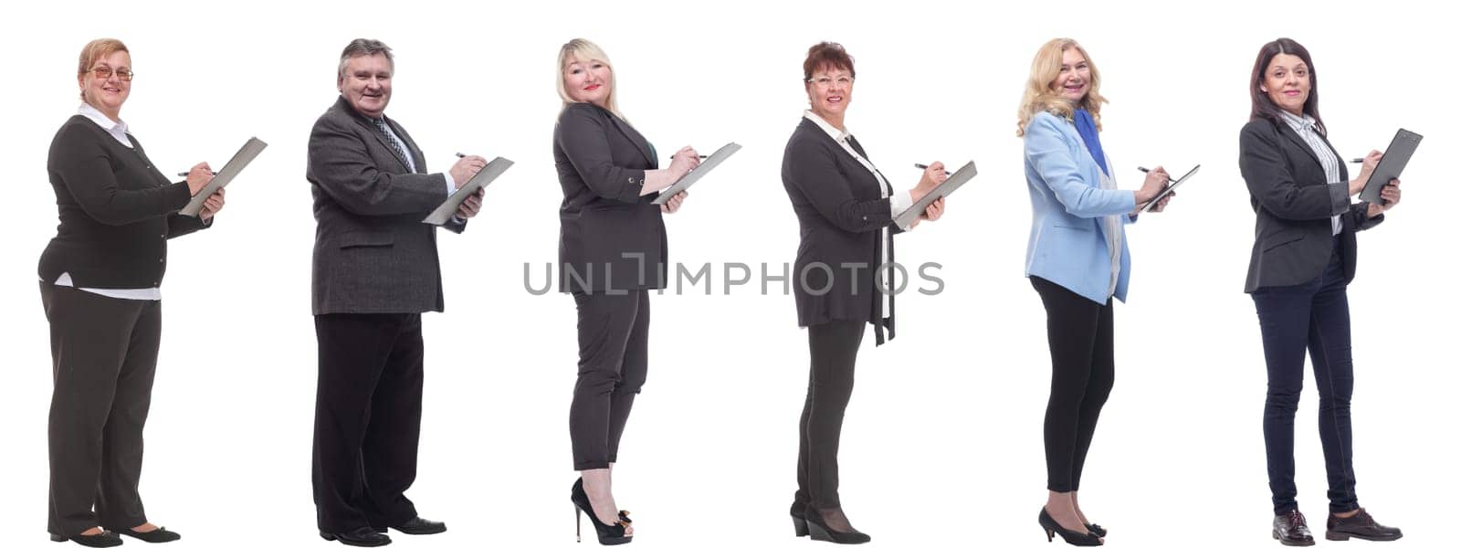 group of successful people with notepad in hands isolated by asdf