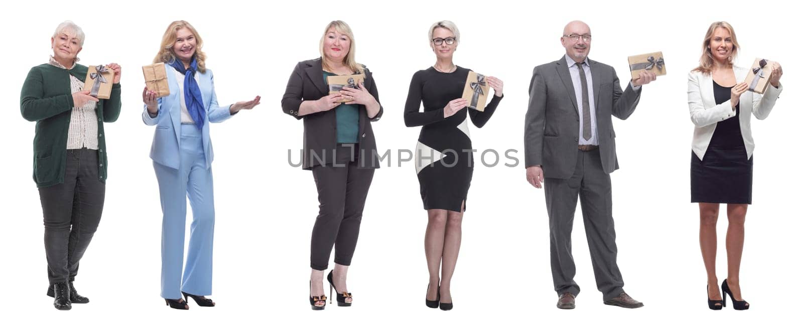 group of happy people with gifts in their hands isolated on white background