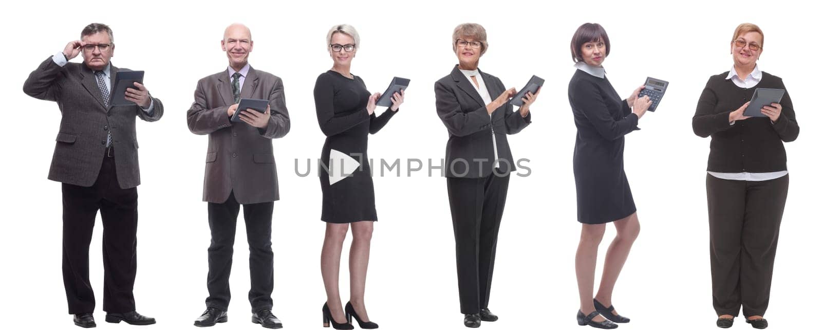 collage group of successful financiers with calculator isolated on white background