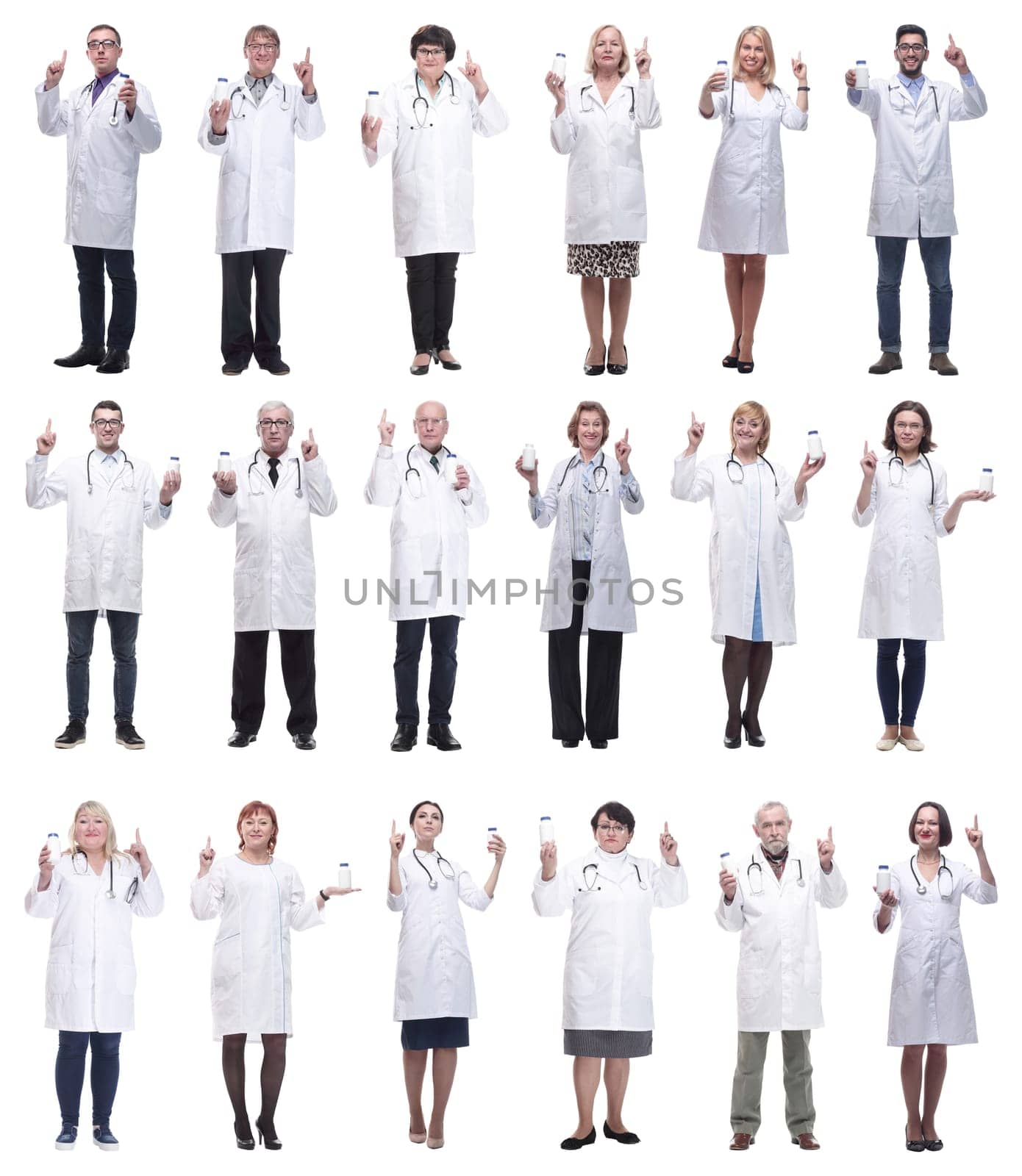 group of doctors holding jar isolated on white background