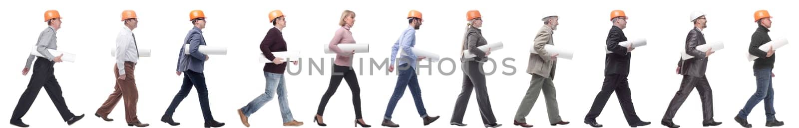 Architect profile collage in hardhat with blueprints in walking isolated on white background