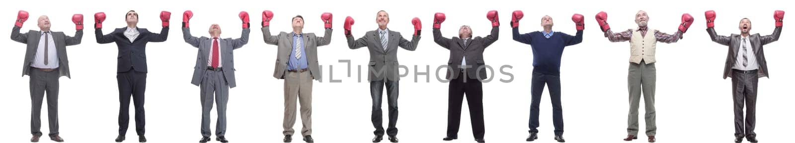 collage of businessmen in boxing gloves isolated on white background