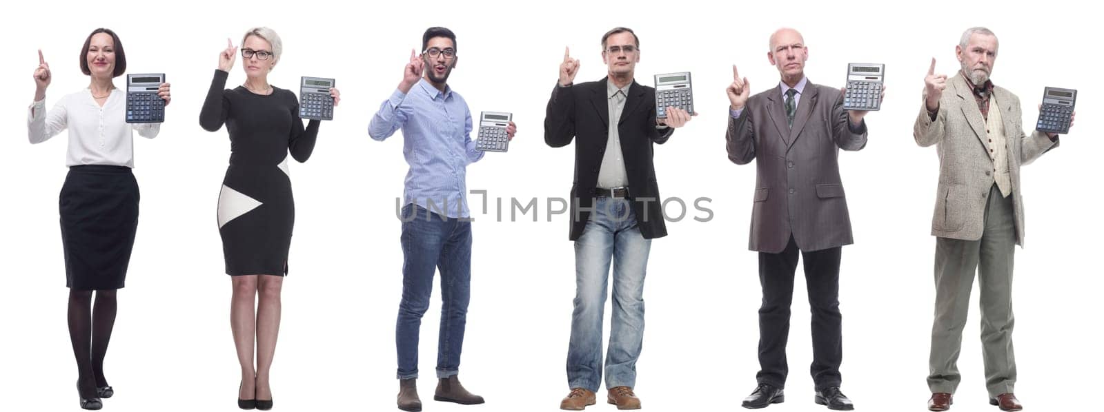Collage of people with calculator isolated on white by asdf