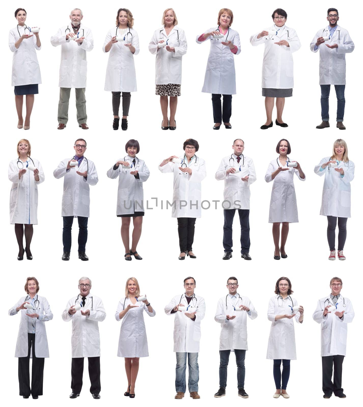 group of doctors holding jar isolated on white background