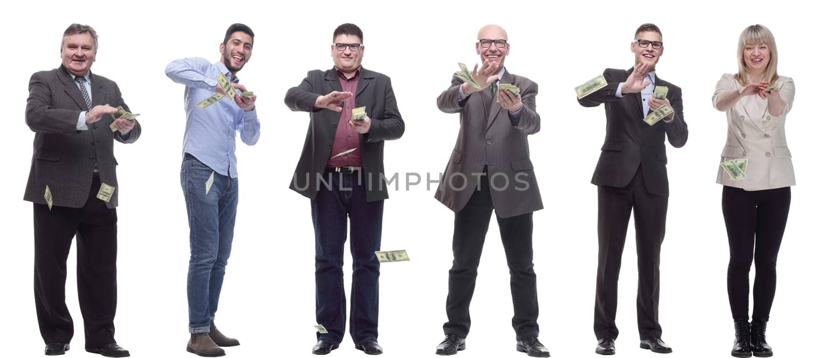 group of successful people holding money in hand isolated by asdf