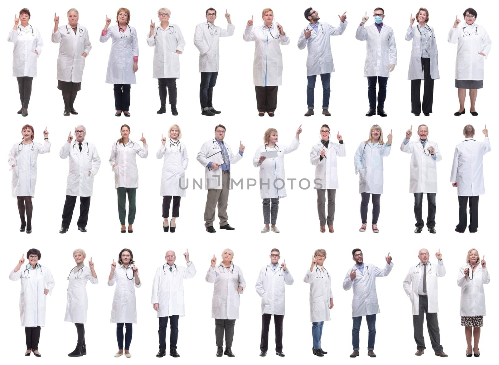 group of doctors in full length isolated on white background