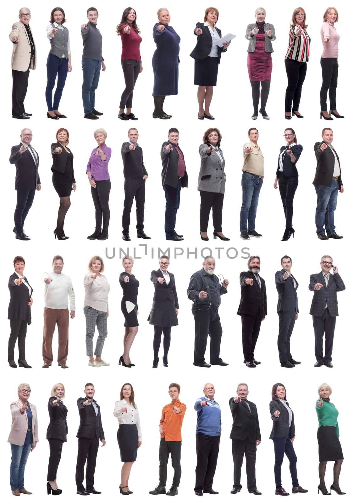 group of business people showing finger at camera isolated on white background