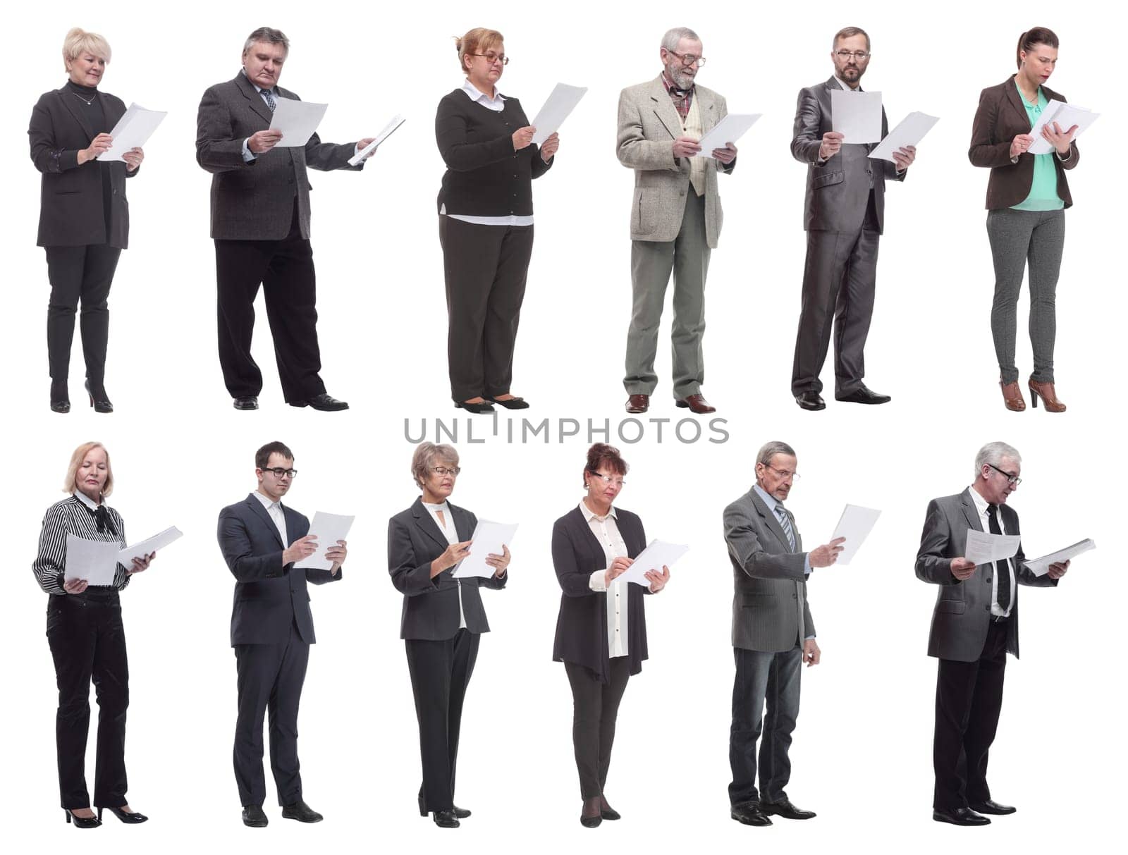 collage of people holding a4 sheet in hands isolated on white background