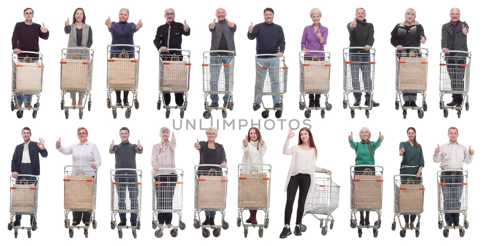 group of people with shopping cart showing thumbs up isolated on white background