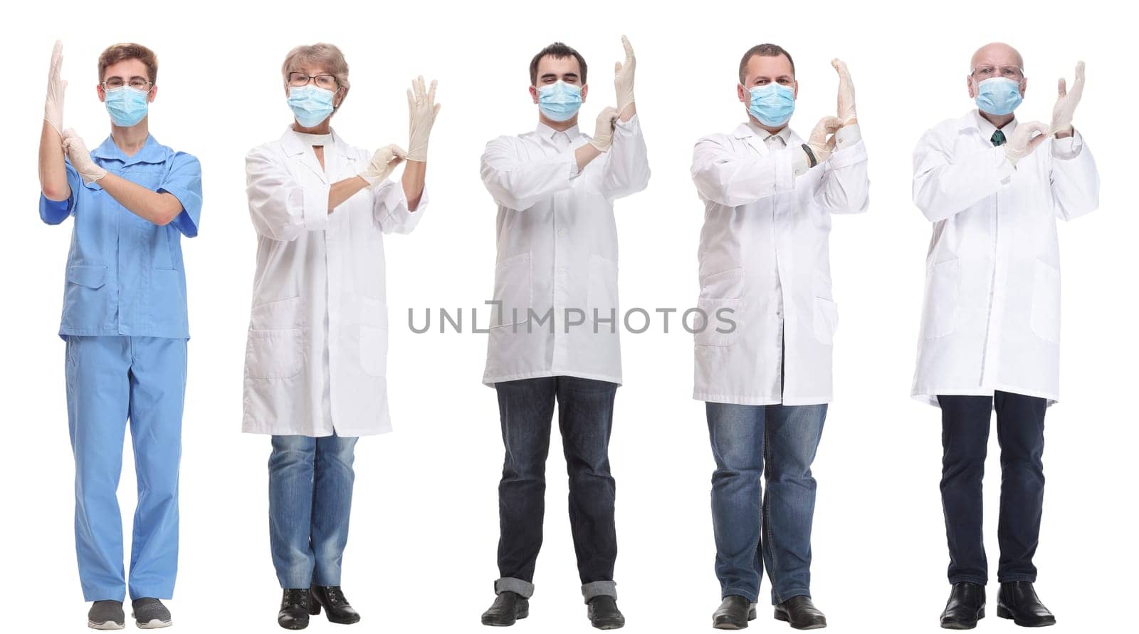 group of doctors in mask isolated on white background