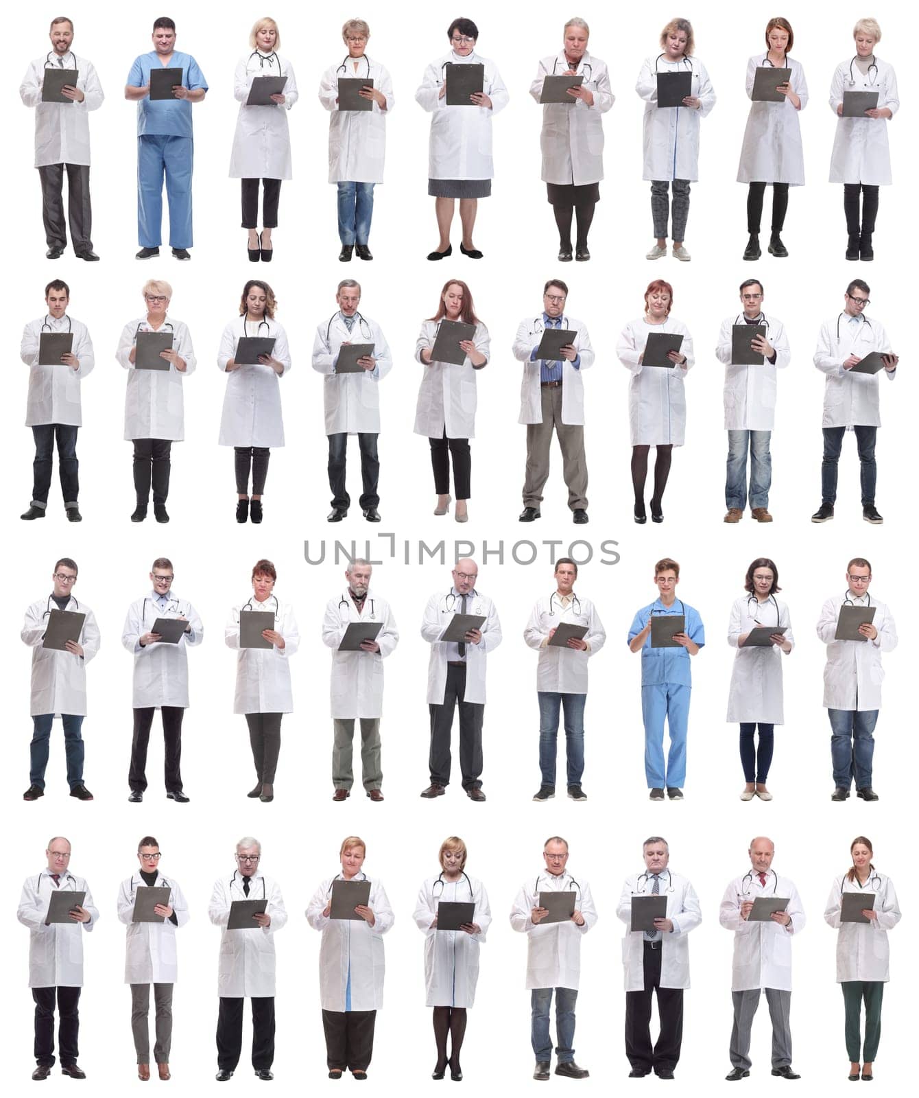 full length group of doctors with notepad isolated by asdf