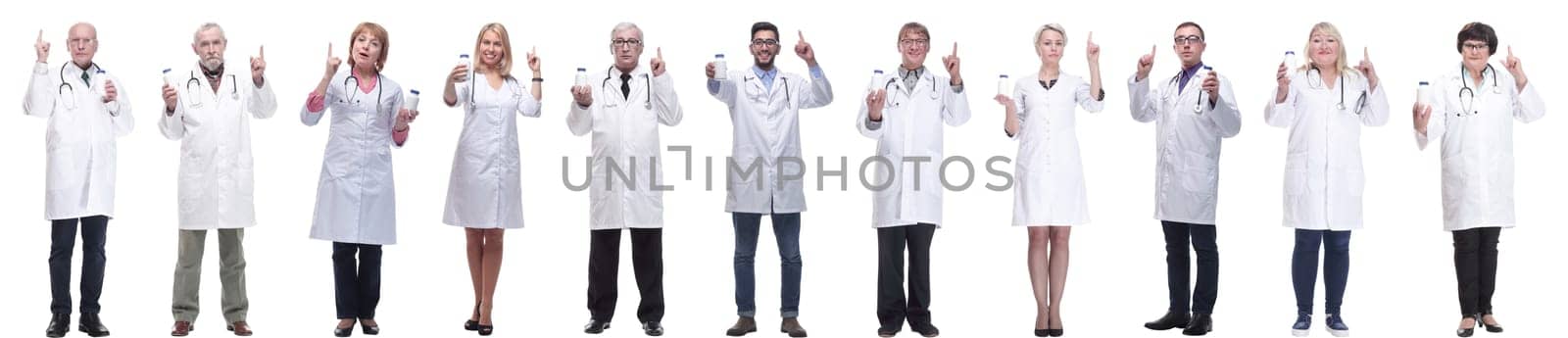 group of doctors holding jar isolated on white background