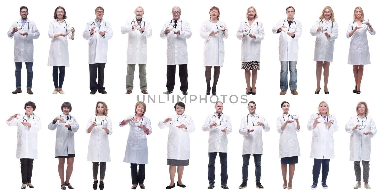 group of doctors holding jar isolated on white