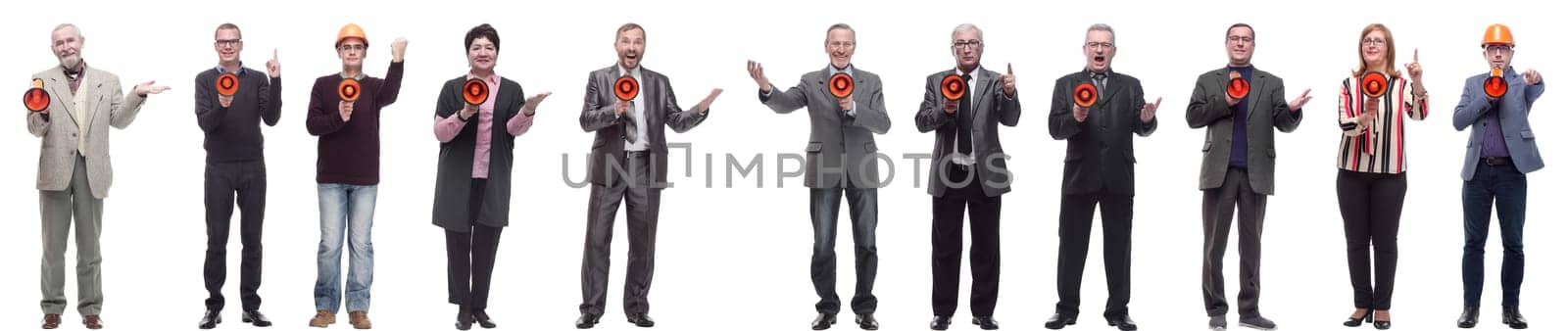 collage of successful architects speaks into a loudspeaker to the camera on a white background.