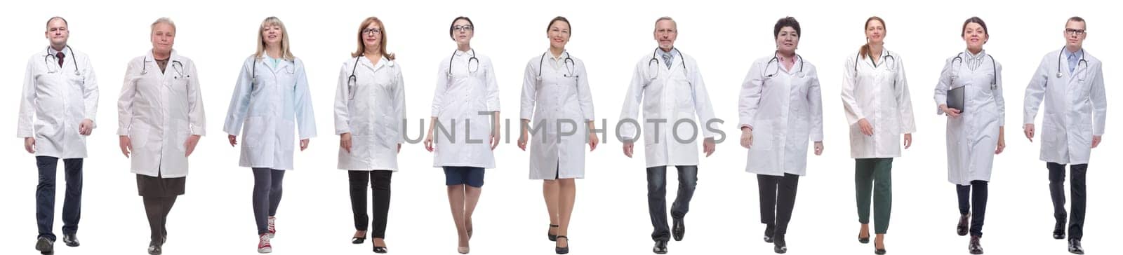 group of doctors in motion isolated on white background