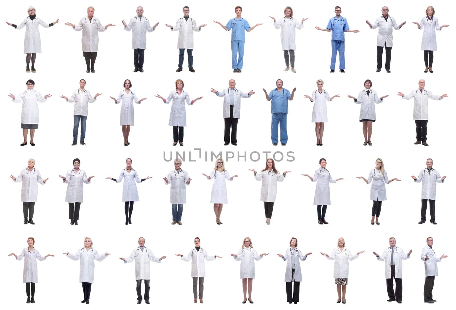 group of doctors in full length isolated on white background