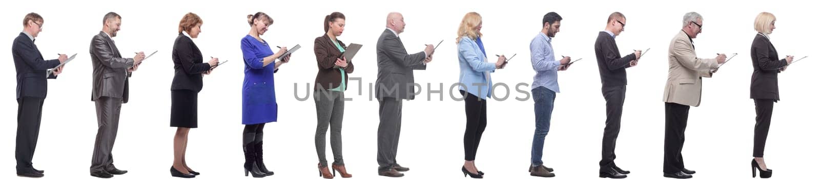 group of successful people with notepad in hands isolated by asdf