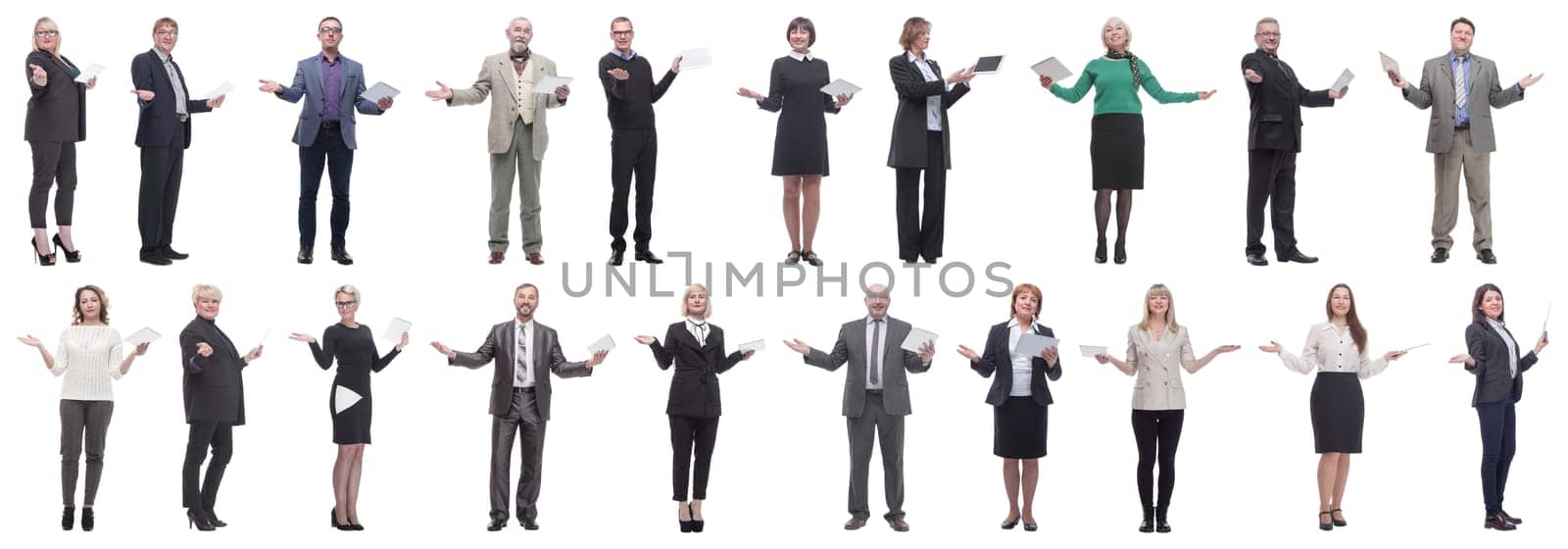 group of people holding tablet with outstretched hand isolated on white background