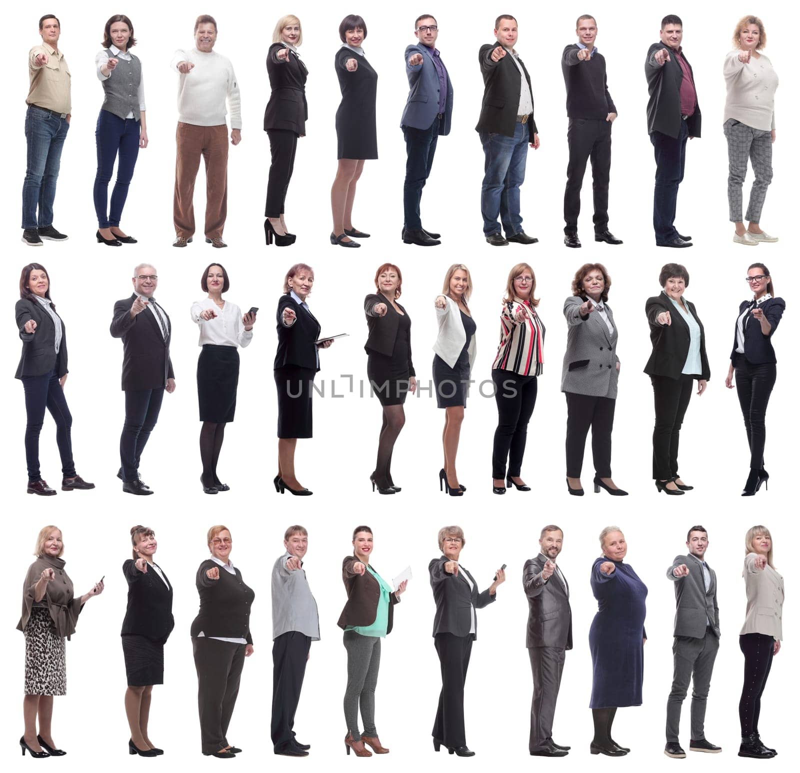 group of business people showing finger at camera isolated on white background